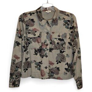 Westport 100% Cotton Olive Green Floral Lightweight Jean Jacket Size Large